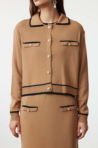 Trendyol Modest Set velbloudího pleteného kardiganu a sukně - lemování TCTAW25US00026