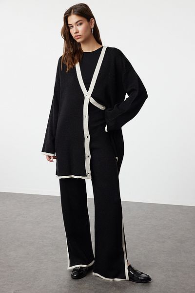 Trendyol Modest Oversize Black Striped Knitwear Cardigan and Trousers Set - TCTAW24US00035