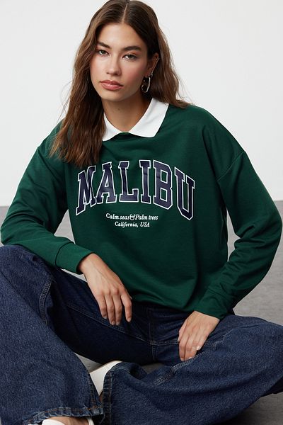 Trendyol Modest Πλεκτό φούτερ με γιακά πόλο κεντημένο σκούρο πράσινο - TCTAW23TW00083