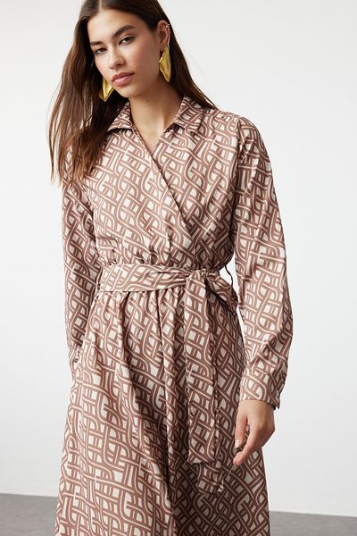 Trendyol Modest Satin Woven - Mono Patterned and Belted Ecru Dress TCTSS24EB00273