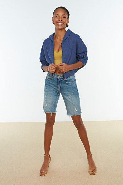 Trendyol Collection Indigová základní pletená mikina na zip s kapucí, tlustý fleece uvnitř TWOAW20SW0660