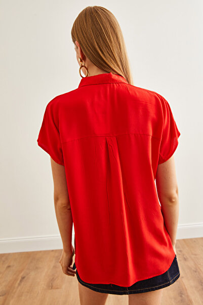 Olalook Red Oversize Viscose Shirt - Pleated Back Design, GML-19001229
