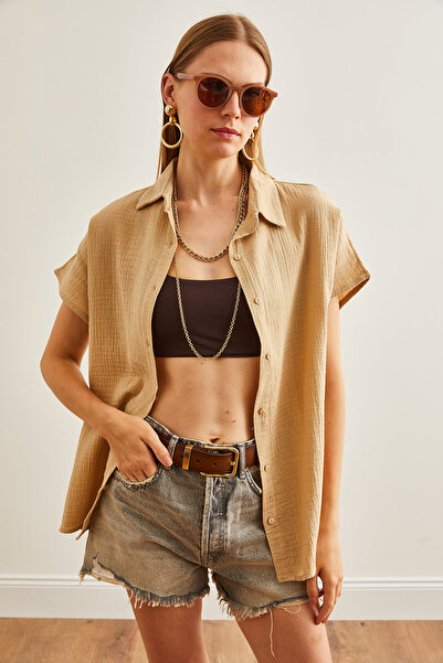 Olalook Dark Beige Muslin Basic Shirt - Bat Sleeve GML-19001215