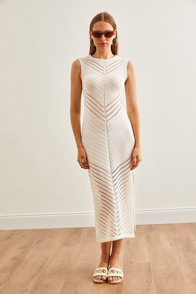 Olalook Ecru Knitwear Summer Dress - Openwork Detail and Slit ELB-19002233