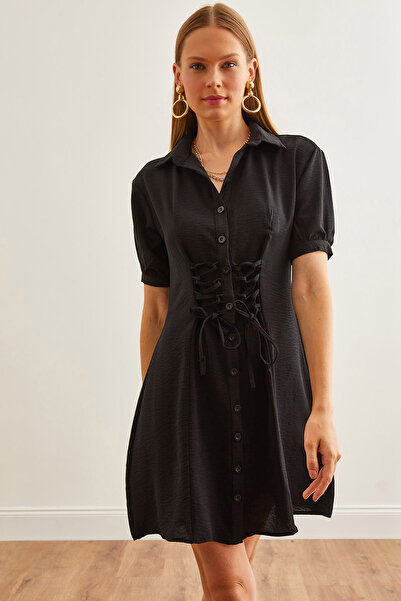 Olalook Μαύρο μίνι πουκάμισο φόρεμα - λεπτομέρεια με κορδόνι μέσης, ELB-19002237