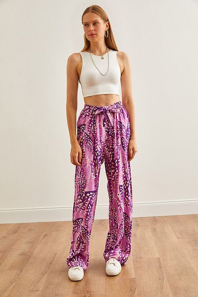 Olalook Palazzo-Hose aus Viskose mit violettem Tropfenmuster und Spitze an der Taille, gemustert PNT-19000287