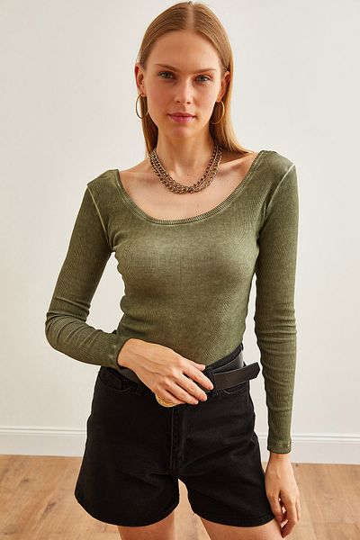 Olalook Wide Collar Washed Khaki Γυναικεία Μπλούζα - BLZ-19000722