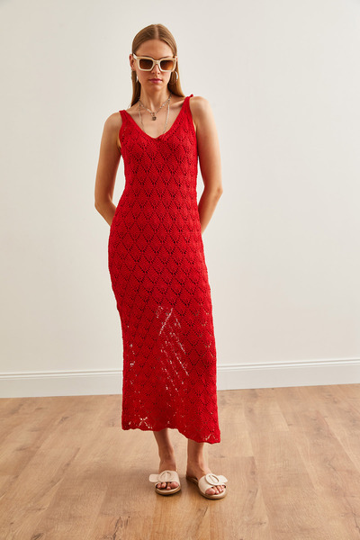 Olalook Red Openwork Knitwear Dress - Strappy and Lined, ELB-19002174