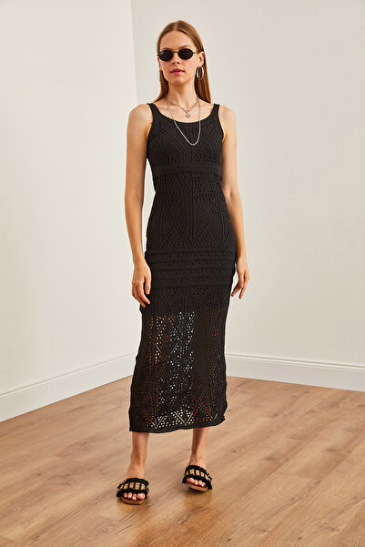 Olalook Καλοκαιρινό φόρεμα πλεκτό μαύρο Maxi με γεωμετρικά σχέδια - ELB-19002230
