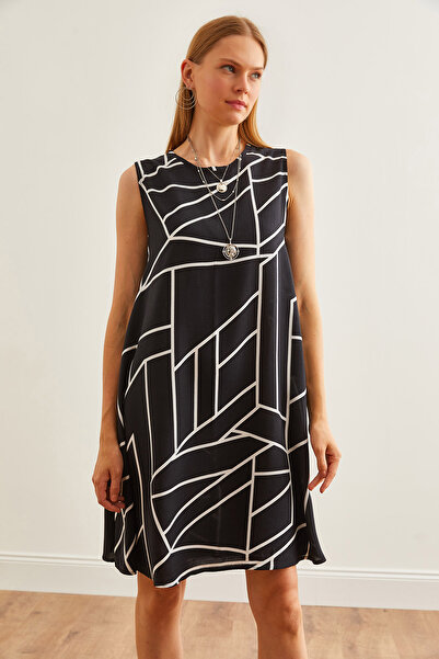 Olalook Black Viscose Striped Dress - Drop Detailed, ELB-19002231