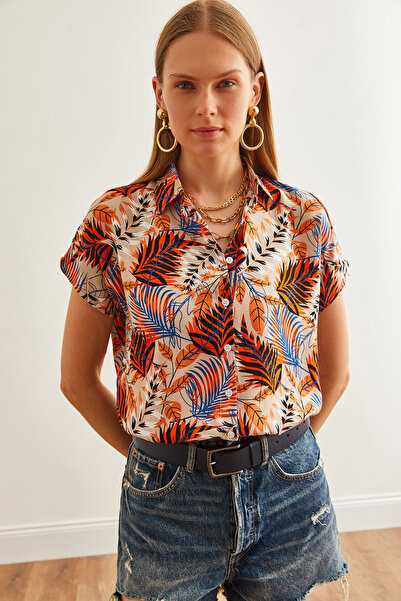 Olalook Cămașă din viscoză de palmier portocaliu - Spate plisat, croială supradimensionată GML-19001229