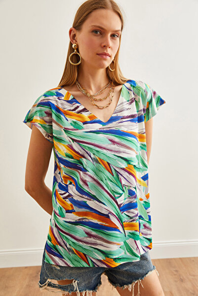 Olalook Πλεκτό μπλούζα με λαιμόκοψη με πράσινη φιστίκια - ψηφιακή εκτύπωση BL...