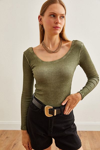 Olalook Wide Collar Washed Khaki Γυναικεία Μπλούζα - BLZ-19000722