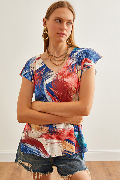 Olalook V-Neck Digital Printed Multicolor Women's Knitwear Blouse - BLZ-19002700