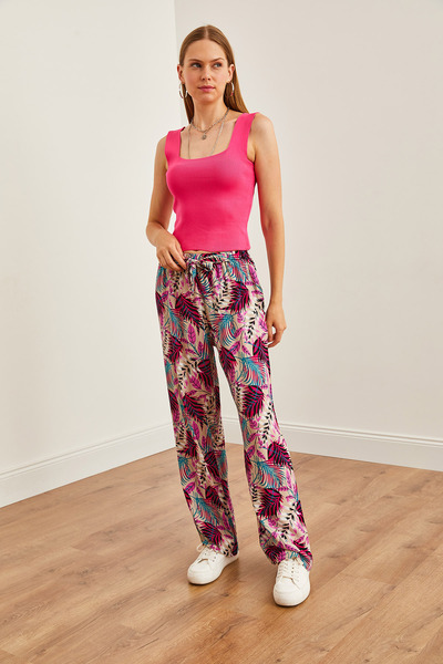Olalook Pink Patterned Viscose Palazzo Women's Trousers - Lace-up Waist PNT-19000287