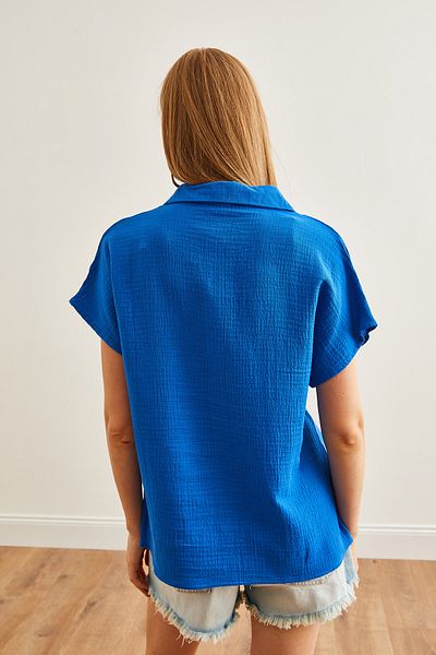 Olalook Saks Синій базовий мусліновий жіночий гольф Gomlek Bat Sleeves GML19001215