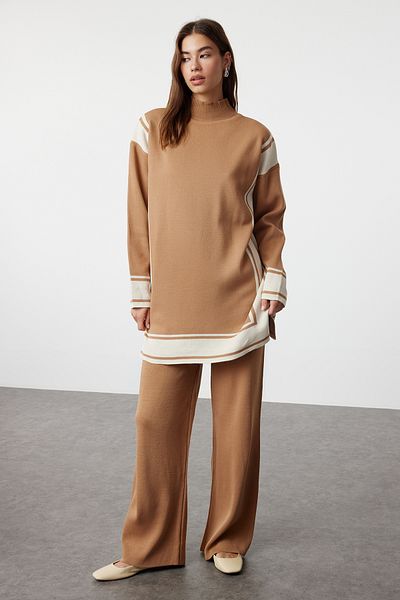 Trendyol Modest Relaxed Fit Camel Knitwear Striped Tunic and Trousers Set - TCTAW24US00057