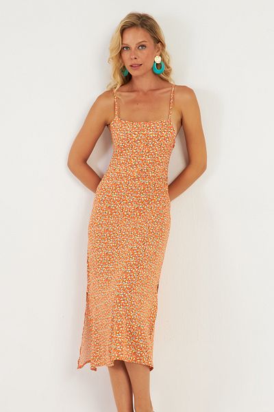 Cool & Sexy Orange Midi Dress - Elastic Back Pattern, MP427