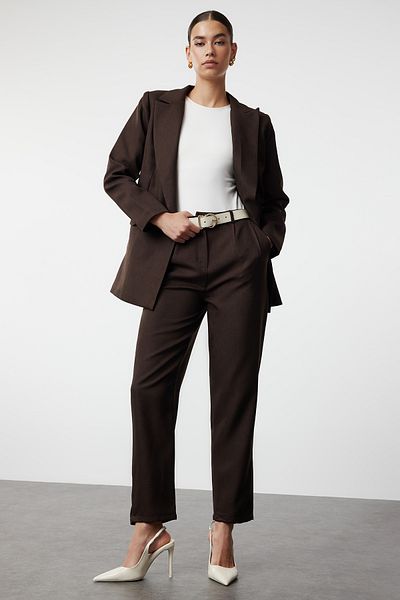 Trendyol Modest Σετ λινό υφαντό μπουφάν και παντελόνι - Καφέ TCTSS24US00093
