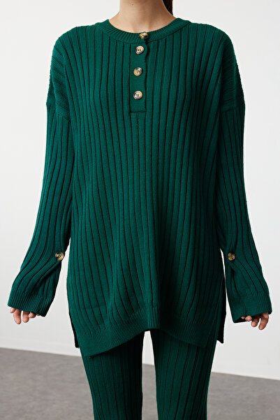 Trendyol Collection Széles formájú smaragdzöld bordás kötöttáru öltöny - TWOAW22AU0039