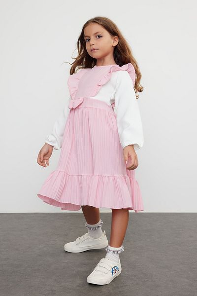 TRENDYOLKIDS Girl's Cotton Knitted Dress - Pink, Ribbon and Ruffle Detail Tkdaw25El00003