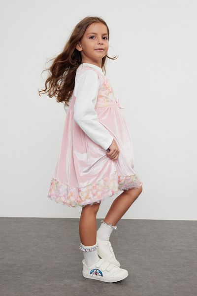 TRENDYOLKIDS Girl's Cotton Knitted Dress - Pink, Ribbon, Regular Printed Tkdaw25El00002