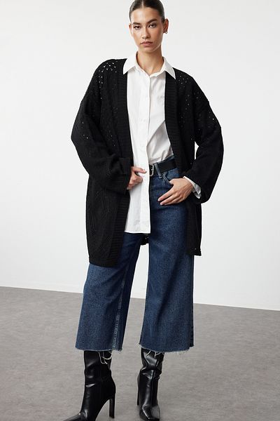 Trendyol Collection Wide Fit Black Knitwear Midi Cardigan - Openwork and Perforated Twoaw24Hi00331