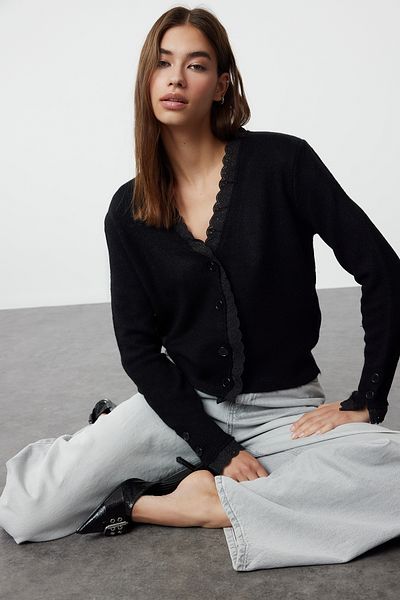 Trendyol Collection Soft Knitwear Cardigan - Black with Lace Detail TWOAW24HI00131