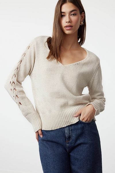 Trendyol Collection Pulover din tricotaj cu decolteu în V din bumbac ajurat/ajurat cu aspect mercerizat TWOAW24KZ01217