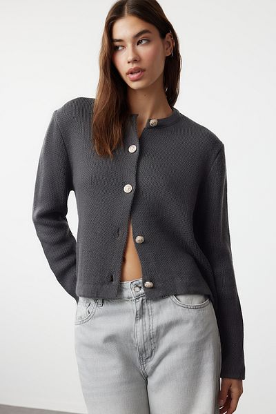 Trendyol Collection Anthracite Knitwear Cardigan - Jacket Look, Twoaw24Hi00090