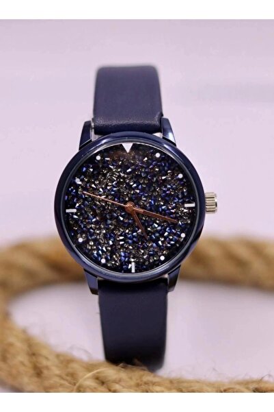 m melisa hediyelik Lacivert Renk Deri Kordonlu Taş Desenli Kasa Kadın Kol Saa...