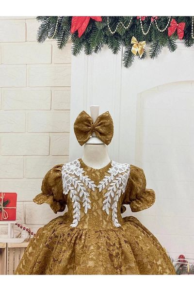 Nissa Gold Front Lace Detailed Girl's Dress