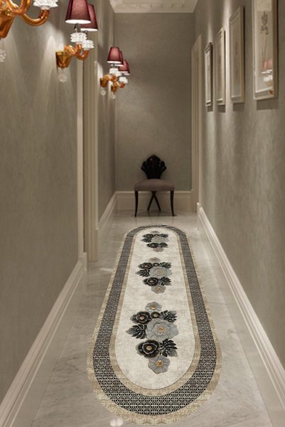 CAPPİO HALI Etnik Desenli Çiçek Motifli Krem Oval Halı (makinada Yıkanabilir Kaymaz Dot Taban) - Cp1145