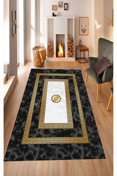 ESTA HALI Tüy Motifli Gold Çerçeveli Detaylı Halı (makinada Yıkanabilir Kayma...