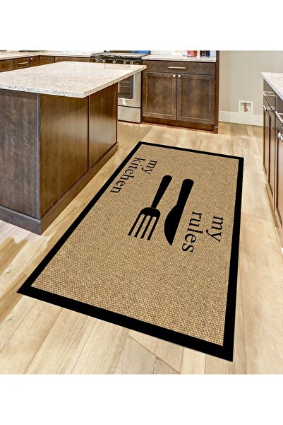 CAPPİO HALI Jüt Desenli Kitchen Yazılı Çerçeveli Halı (makinada Yıkanabilir K...
