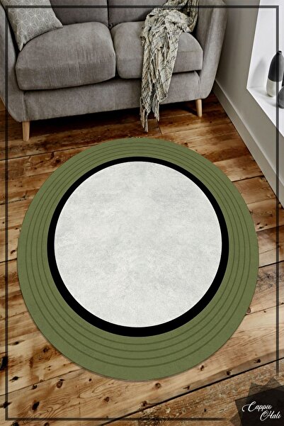CAPPİO HALI Haki Yeşil-siyah Şeritli Yuvarlak Halı (makinada Yıkanabilir Kaym...
