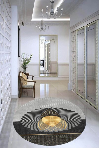 CAPPİO HALI Küp Puantiye Desenli Gold Detaylı Yuvarlak Halı (makinada Yıkanabilir Kaymaz Dot Taban) - Cp1419-1