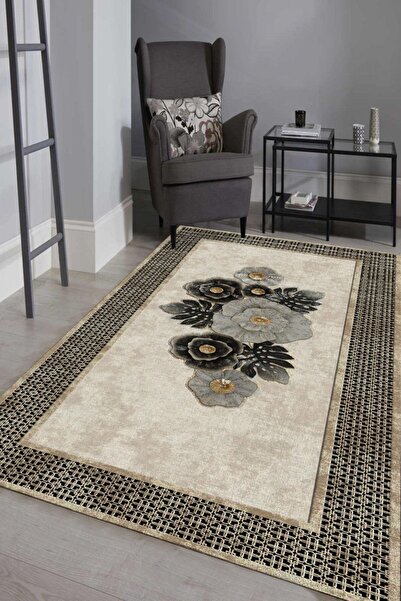 CAPPİO HALI Etnik Desenli Çiçek Motifli Krem Halı (makinada Yıkanabilir Kayma...