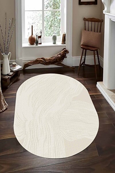 CAPPİO HALI Silik Çizgi Desenli Krem Oval Halı (makinada Yıkanabilir Kaymaz D...