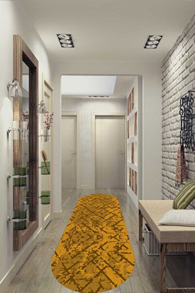 CAPPİO HALI Hardal Çapraz Desenli Eskitme Oval Halı (makinada Yıkanabilir Kay...