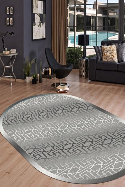 ESTA HALI Gri Geçişli Modern Oval Halı (makinada Yıkanabilir Kaymaz Dot Taban...