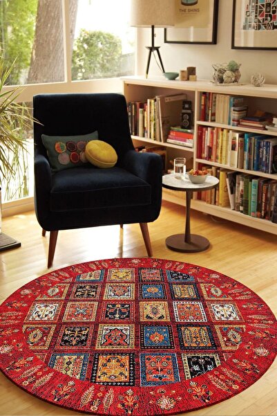 ESTA HALI Kırmızı Afgan Desenli Yuvarlak Halı (Makinada Yıkanabilir Dot/Keçe ...