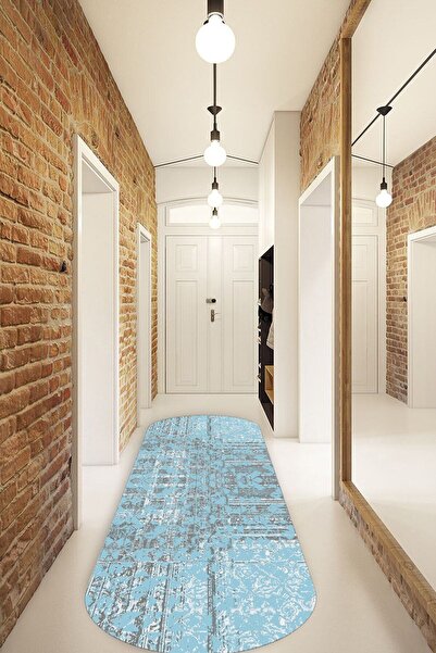 ESTA HALI Antrasit Çizgili Mavi Eskitme Oval Halı (makinada Yıkanabilir Kayma...