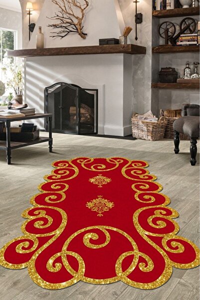 CAPPİO HALI Lazer Kesim Kırmızı-gold (simli) Halı Kaymaz Taban (kaymaz Deri T...