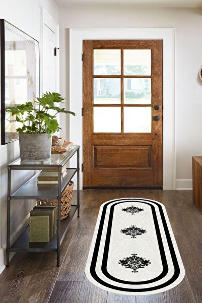 CAPPİO HALI Siyah Motifli Beyaz Oval Halı (makinada Yıkanabilir Kaymaz Deri T...