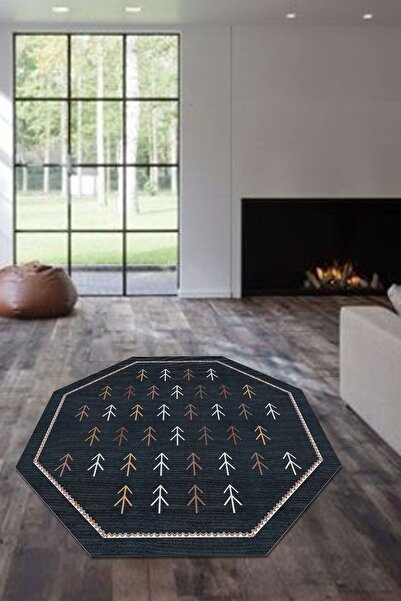 CAPPİO HALI Siyah Kilim Desenli Sekizgen Yuvarlak Halı  Cp570