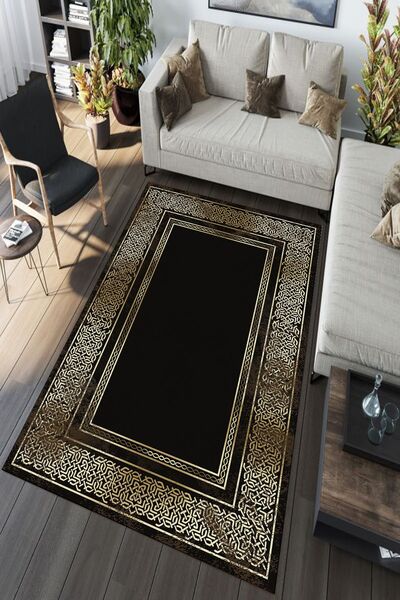 CAPPİO HALI Siyah Zeminli Gold Detaylı Halı Makinada Yıkanabilir Kaymaz Dot T...