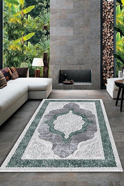 CAPPİO HALI Krem-yeşil Göbekli Gri Zeminli Halı (makinada Yıkanabilir Kaymaz ...