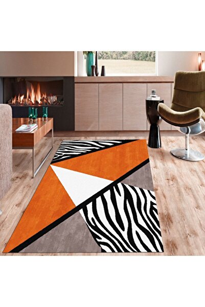 ESTA HALI Geometrik Zebra Desenli Turuncu Halı (makinada Yıkanabilir Kaymaz D...