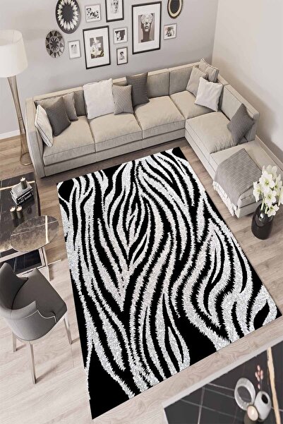 WOOLLY HOME COLLECTİON Zebra Desenli Halı Modeli Yıkanabilir Kaymaz Dot Taban...